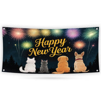 Happy New Year 2026 Banner Sign - Fireworks Cat Dog New Year’s Eve Party, Holiday Welcome New Year Vinyl Banner with Metal Grommets