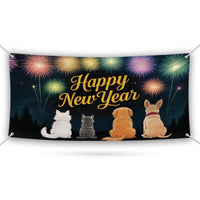 Happy New Year 2026 Banner Sign - Fireworks Cat Dog New Year’s Eve Party, Holiday Welcome New Year Vinyl Banner with Metal Grommets