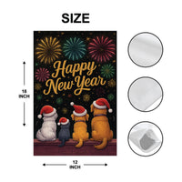 Happy New Year 2026 Garden Flag, Fireworks Cat Dog Eve Yard Flag, Holiday Welcome New Year Fence Front Porch Yard Decorations Eve Party Flag