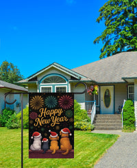 Happy New Year 2026 Garden Flag, Fireworks Cat Dog Eve Yard Flag, Holiday Welcome New Year Fence Front Porch Yard Decorations Eve Party Flag
