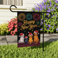 Happy New Year 2026 Garden Flag, Fireworks Cat Dog Eve Yard Flag, Holiday Welcome New Year Fence Front Porch Yard Decorations Eve Party Flag
