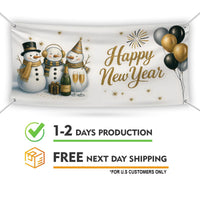 Happy New Year 2026 Banner Sign - Fireworks Winter Snowman New Year’s Eve Party, Holiday Welcome New Year Vinyl Banner with Metal Grommets