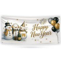 Happy New Year 2026 Banner Sign - Fireworks Winter Snowman New Year’s Eve Party, Holiday Welcome New Year Vinyl Banner with Metal Grommets