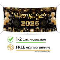 Happy New Year 2026 Banner Sign - New Year’s Eve Party, Holiday Welcome New Year Vinyl Banner with Metal Grommets