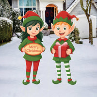 Christmas Elf Yard Signs, Large Elf Garden Stakes for Lawn & Pathway Decor, Cute Elf Couple Outdoor Christmas Yard Decoration with Stakes