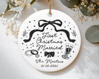 Custom First Christmas Married Ornament, Personalized Newlywed Ornament, 1st Anniversary Couple Gift, Coquette Bow Wedding Holiday Keepsake