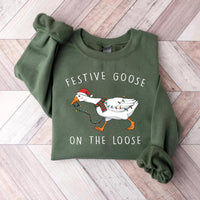 Festive Goose on the Loose Christmas Sweatshirt, Funny Goose Holiday Shirt, Cute Xmas Duck Sweatshirt