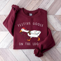 Festive Goose on the Loose Christmas Sweatshirt, Funny Goose Holiday Shirt, Cute Xmas Duck Sweatshirt