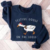 Festive Goose on the Loose Christmas Sweatshirt, Funny Goose Holiday Shirt, Cute Xmas Duck Sweatshirt
