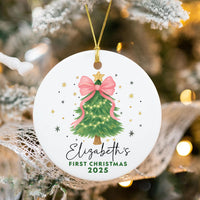 Baby First Christmas Ornament 2025, Personalized Baby Girl Name Ornament, Pink Bow Ceramic Ornament, Baby Shower Gift, Family Keepsake