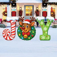 JOY Christmas Yard Sign with Stakes, Reindeer Wreath Candy Cane Letters Outdoor Lawn Garden Decor, Waterproof Holiday Porch Patio Display