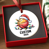 Personalized Basketball Ornament, Custom Christmas Sports Ornament with Santa Hat & Lights, Basketball Player Gift, Holiday Tree Decoration