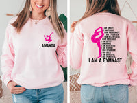 Personalized Name Gymnastics Sweatshirt, Custom Girls Gymnast Tee, Vault Floor Bars Beam Sweatshirt, Front Back