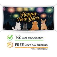 Happy New Year 2026 Banner Sign - Fireworks Cat Dog New Year’s Eve Party, Holiday Welcome New Year Vinyl Banner with Metal Grommets