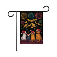 Happy New Year 2026 Garden Flag, Fireworks Cat Dog Eve Yard Flag, Holiday Welcome New Year Fence Front Porch Yard Decorations Eve Party Flag
