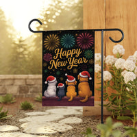 Happy New Year 2026 Garden Flag, Fireworks Cat Dog Eve Yard Flag, Holiday Welcome New Year Fence Front Porch Yard Decorations Eve Party Flag