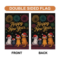 Happy New Year 2026 Garden Flag, Fireworks Cat Dog Eve Yard Flag, Holiday Welcome New Year Fence Front Porch Yard Decorations Eve Party Flag