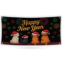 Happy New Year 2026 Banner Sign - Fireworks Cat Dog New Year’s Eve Party, Holiday Welcome New Year Vinyl Banner with Metal Grommets