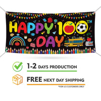 Happy 100th Day of School Banner Sign - 100 Days of School Banner Outdoor, Preschool 100 Day Decor for Classroom Banner with Metal Grommets