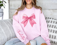 Custom Pink Bow Sweatshirt, Custom Name Valentine Shirt, Pink Bow Custom Name Sweatshirt, Front Sleeve