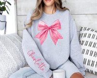 Custom Pink Bow Sweatshirt, Custom Name Valentine Shirt, Pink Bow Custom Name Sweatshirt, Front Sleeve