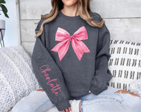 Custom Pink Bow Sweatshirt, Custom Name Valentine Shirt, Pink Bow Custom Name Sweatshirt, Front Sleeve