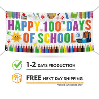 Happy 100th Day of School Banner Sign - 100 Days of School Banner Outdoor, Preschool 100 Day Decor for Classroom Banner with Metal Grommets