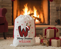 Personalized Christmas Santa Sack, Custom Letter Gift Bag for Kids, Buffalo Plaid Alphabet Bag, Santa Drawstring Bag, Holiday Gift Sack