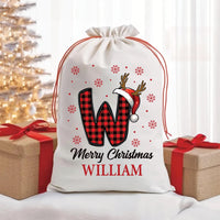 Personalized Christmas Santa Sack, Custom Letter Gift Bag for Kids, Buffalo Plaid Alphabet Bag, Santa Drawstring Bag, Holiday Gift Sack