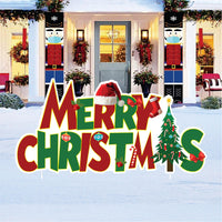 Merry Christmas Yard Sign with Stakes, Outdoor Holiday Lawn Decoration, Large Christmas Tree & Santa Hat Sign for Christmas Front Yard Decor