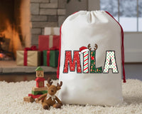 Personalized Christmas Santa Sack, Custom Name Gift Bag for Kids, Holiday Letter Bag, Candy Cane & Reindeer Alphabet Sack, Christmas Bag
