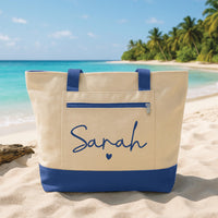 Custom Tote Bag with Zipper, Personalized Name Canvas Tote with Heart, Beach Bag, Bridesmaid Gift, Travel Work Tote, Everyday Carry Bag