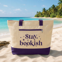 Custom Book Lover Tote Bag with Zipper, Stay Bookish Canvas Bag, Reader Library Tote, Teacher Book Club Gift, Beach Travel Book Bag