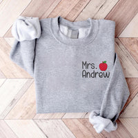 Custom Teacher Last Name Embroidered Sweatshirt, Personalized Teacher Hoodie, Mrs Teacher Shirt, Back to School Long Sleeve Shirt