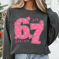 Pink 67 Meme Sweatshirt, Six Seven Trend Shirt, Funny Viral Number Sweatshirt