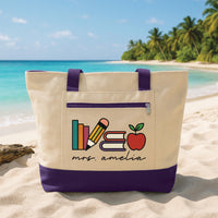 Custom Teacher Tote Bag with Zipper, Personalized Name Book Pencil Apple Tote, Teacher Gift, Classroom School Tote, End of Year Teacher Gift