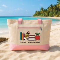 Custom Teacher Tote Bag with Zipper, Personalized Name Book Pencil Apple Tote, Teacher Gift, Classroom School Tote, End of Year Teacher Gift