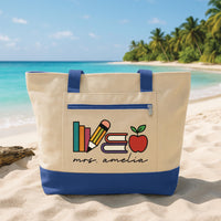Custom Teacher Tote Bag with Zipper, Personalized Name Book Pencil Apple Tote, Teacher Gift, Classroom School Tote, End of Year Teacher Gift