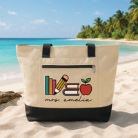 Custom Teacher Tote Bag with Zipper, Personalized Name Book Pencil Apple Tote, Teacher Gift, Classroom School Tote, End of Year Teacher Gift