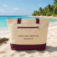 Christian Tote Bag with Zipper, Here I Am Send Me Isaiah 6:8 Scripture Tote, Bible Verse Canvas Bag, Faith Gift, Church Ministry Tote Bag