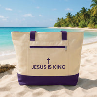 Christian Tote Bag with Zipper, Jesus Is King Faith Canvas Bag, Cross Scripture Tote, Bible Study Church Bag, Religious Gift for Women
