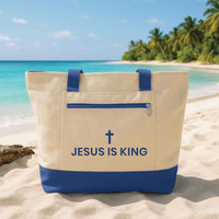 Christian Tote Bag with Zipper, Jesus Is King Faith Canvas Bag, Cross Scripture Tote, Bible Study Church Bag, Religious Gift for Women