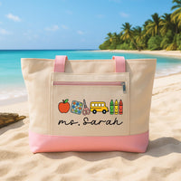 Custom Teacher Tote Bag with Zipper, Personalized Name Teacher Icons Tote, School Supplies Classroom Bag, Teacher Gift, Back to School Tote