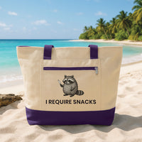 Funny Tote Bag with Zipper, I Require Snacks Raccoon Canvas Bag, Cute Animal Tote, Snack Lover Gift, Humor Grocery Work Tote Bag