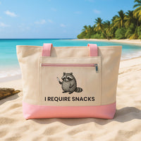 Funny Tote Bag with Zipper, I Require Snacks Raccoon Canvas Bag, Cute Animal Tote, Snack Lover Gift, Humor Grocery Work Tote Bag