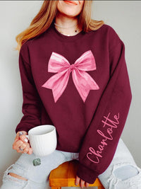 Custom Pink Bow Sweatshirt, Custom Name Valentine Shirt, Pink Bow Custom Name Sweatshirt, Front Sleeve