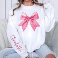 Custom Pink Bow Sweatshirt, Custom Name Valentine Shirt, Pink Bow Custom Name Sweatshirt, Front Sleeve
