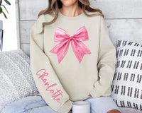 Custom Pink Bow Sweatshirt, Custom Name Valentine Shirt, Pink Bow Custom Name Sweatshirt, Front Sleeve