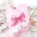 Custom Pink Bow Sweatshirt, Custom Name Valentine Shirt, Pink Bow Custom Name Sweatshirt, Front Sleeve