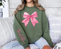 Custom Pink Bow Sweatshirt, Custom Name Valentine Shirt, Pink Bow Custom Name Sweatshirt, Front Sleeve